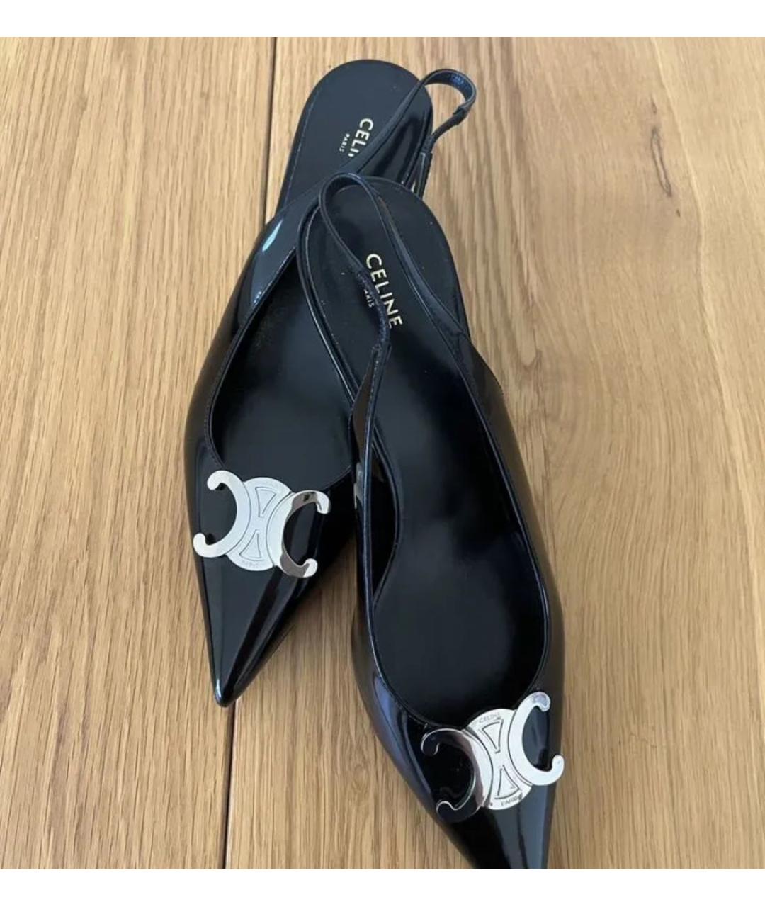 CELINE Черные кожаные лодочки на низком каблуке, фото 2