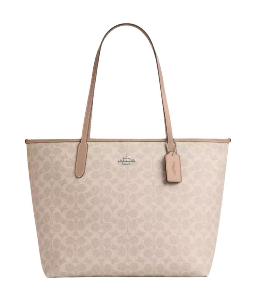 COACH Бежевая кожаная сумка с короткими ручками, фото 7