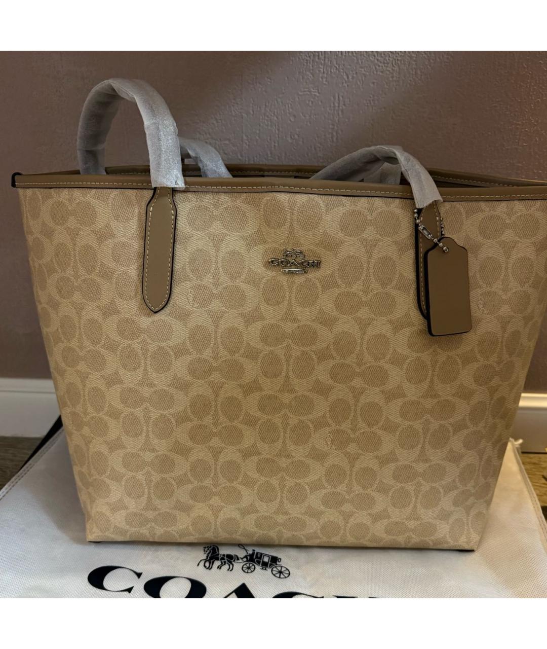 COACH Бежевая кожаная сумка с короткими ручками, фото 2