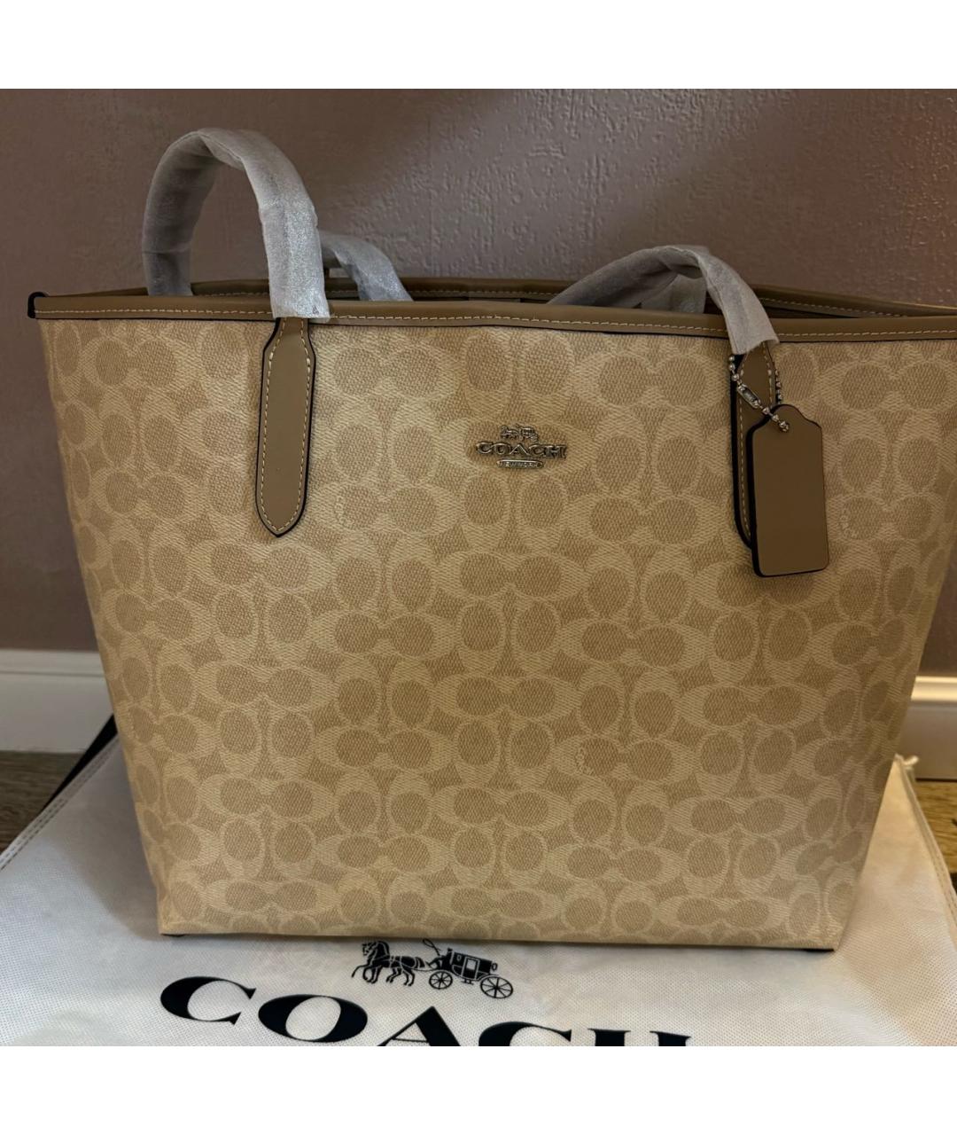 COACH Бежевая кожаная сумка с короткими ручками, фото 2