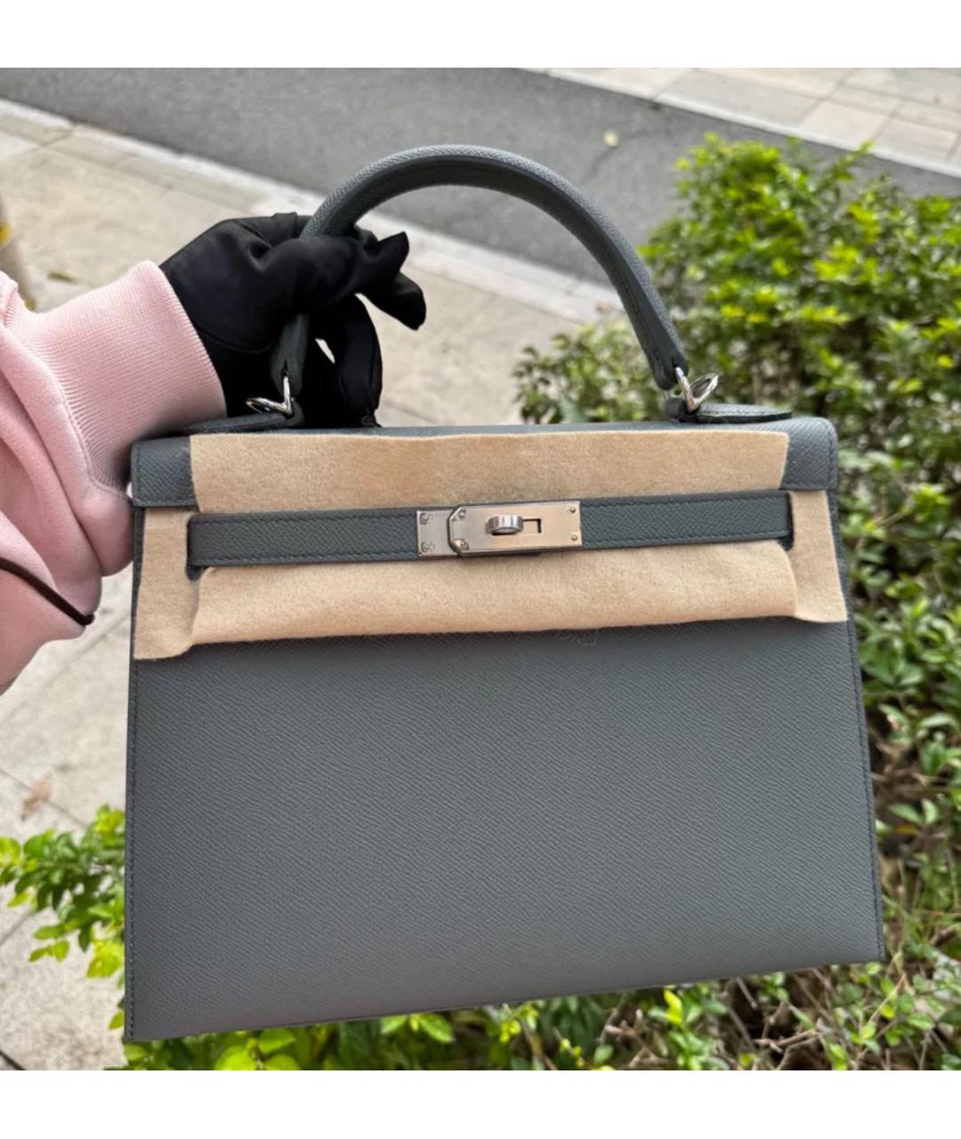 HERMES Серая кожаная сумка с короткими ручками, фото 6