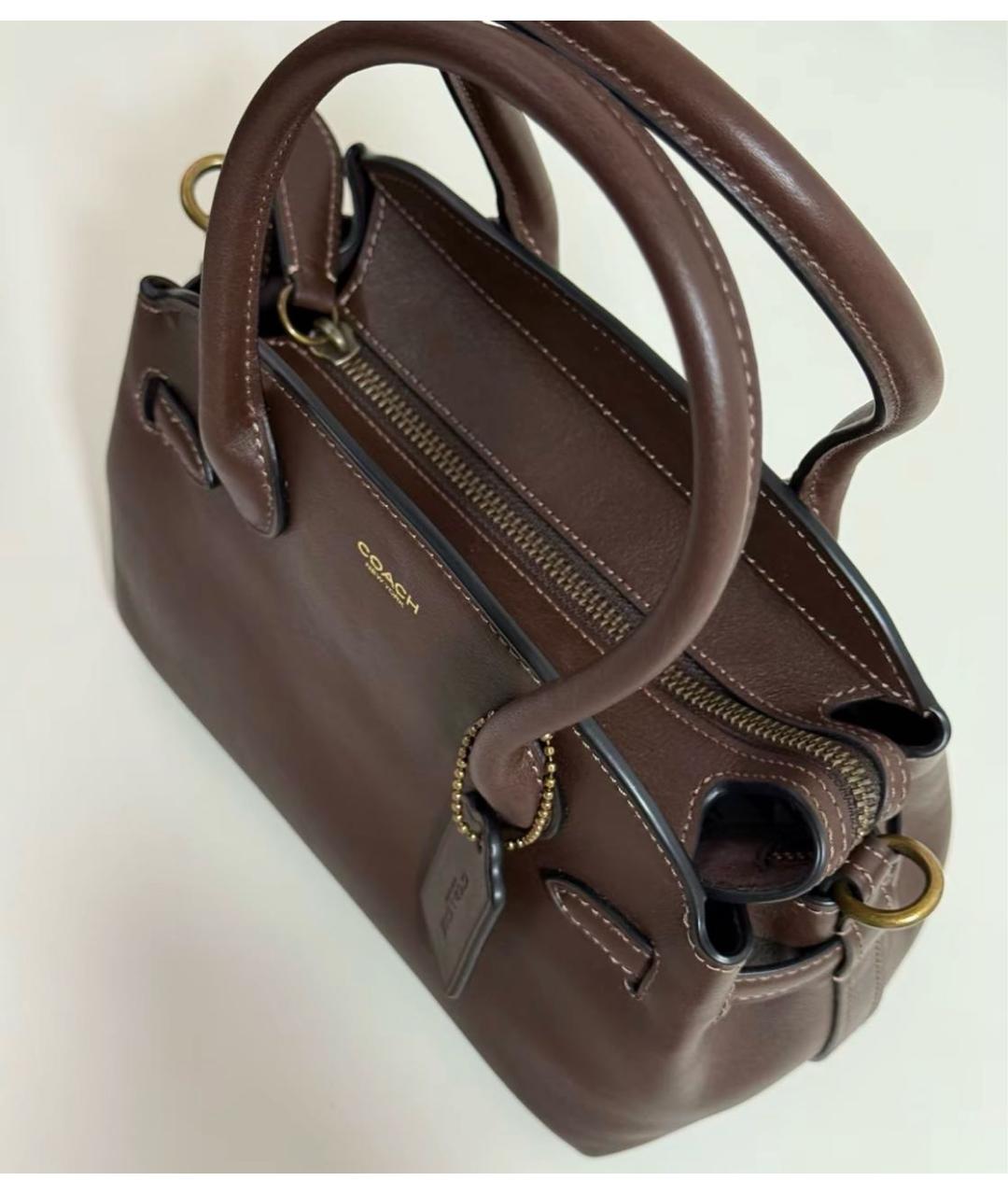 COACH Коричневая кожаная сумка с короткими ручками, фото 7