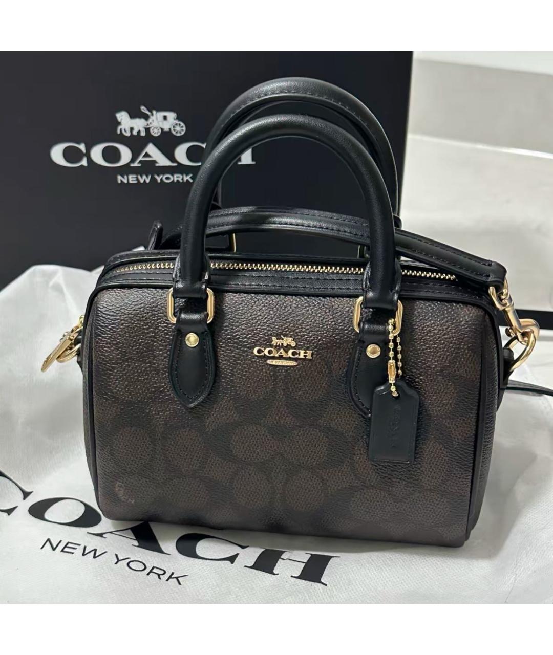 COACH Коричневая кожаная сумка с короткими ручками, фото 4