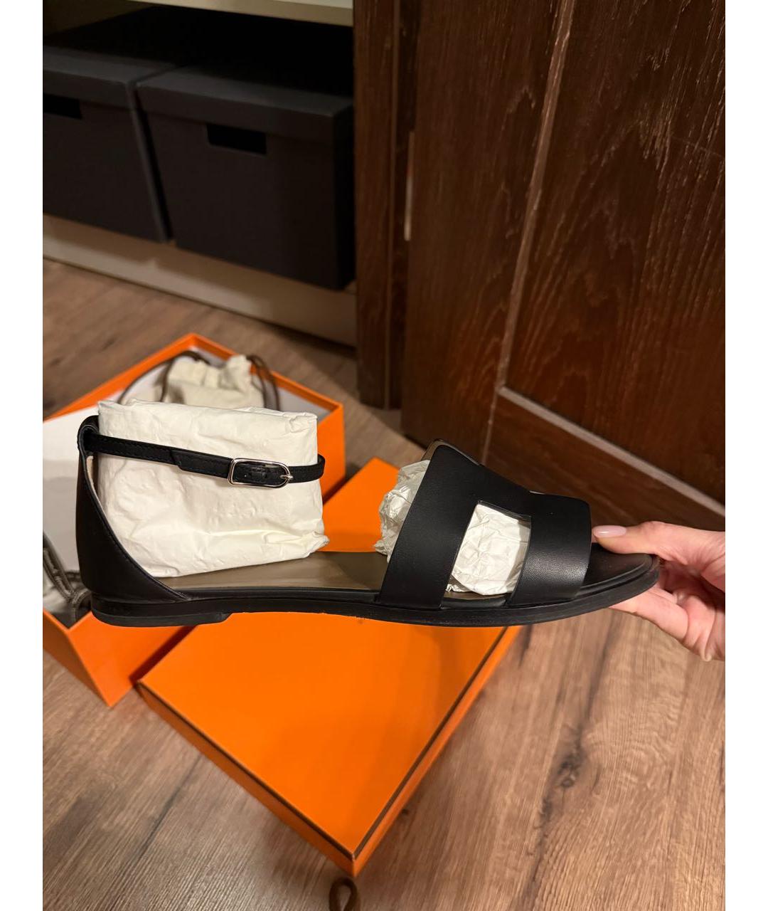 HERMES Черные кожаные сандалии, фото 7