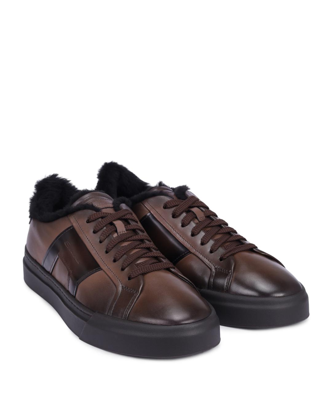 SANTONI Коричневые кожаные низкие кроссовки / кеды, фото 2