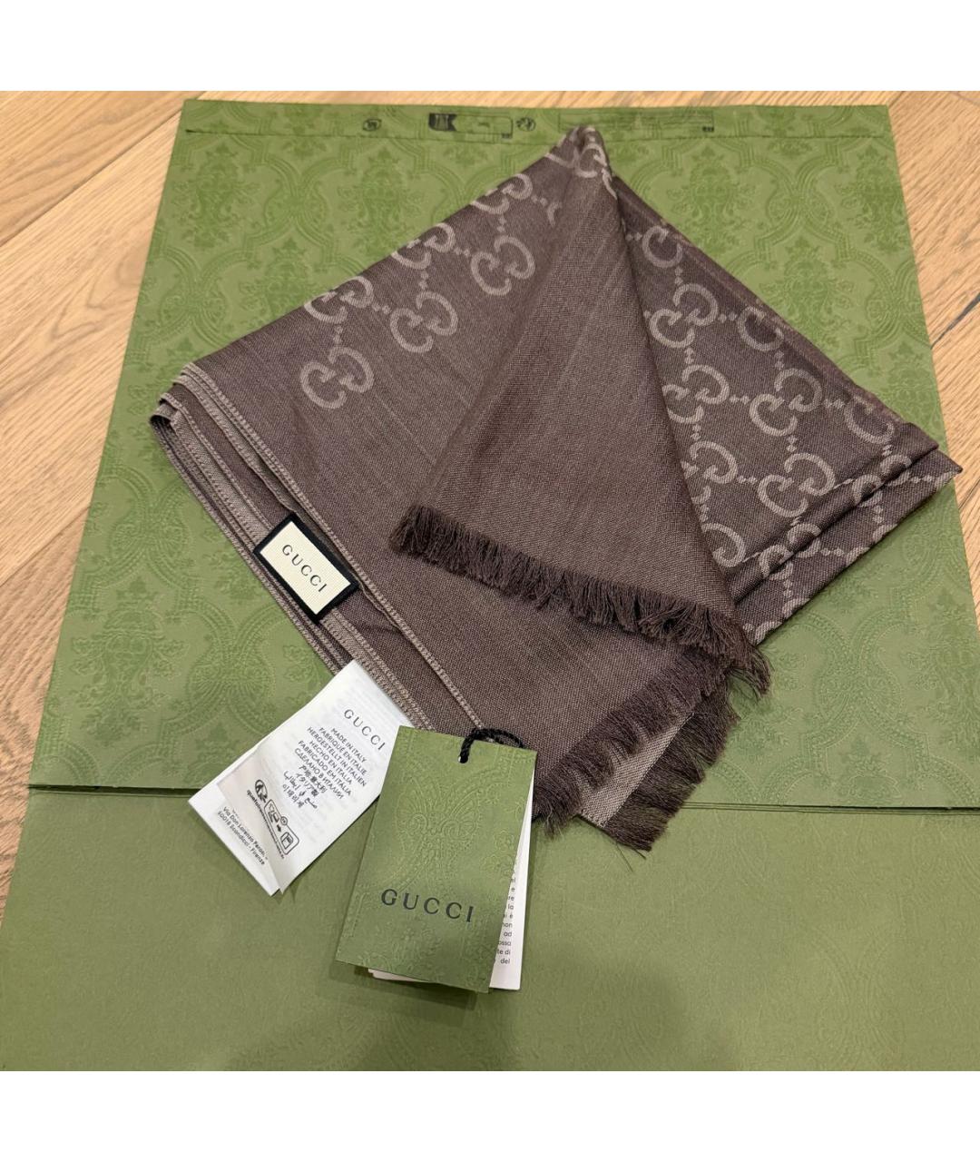 GUCCI Коричневый шерстяной шарф, фото 7