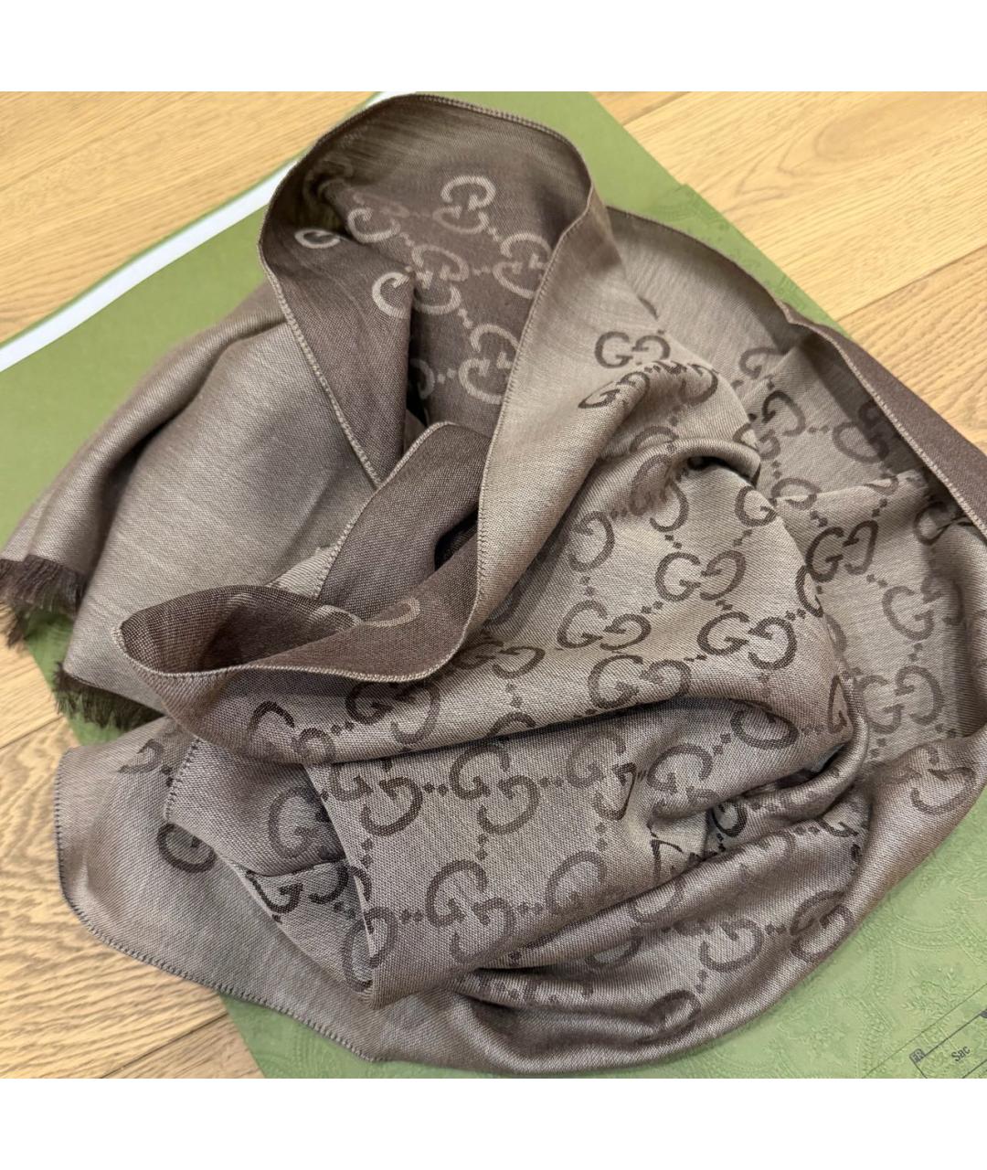 GUCCI Коричневый шерстяной шарф, фото 5