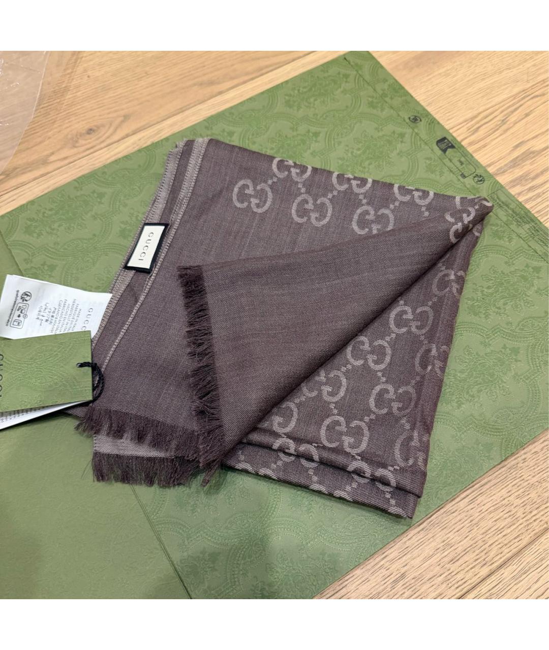 GUCCI Коричневый шерстяной шарф, фото 6