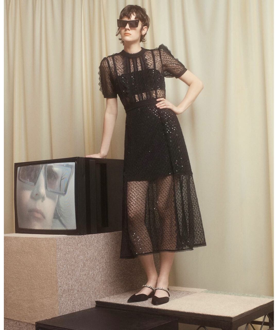 SELF-PORTRAIT Черное сетчатое повседневное платье, фото 5