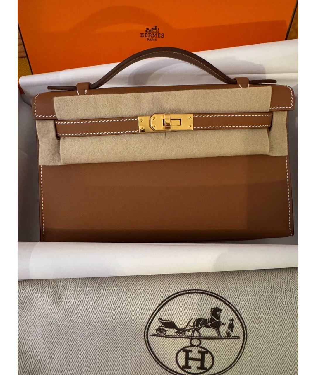 HERMES Коричневая кожаная сумка с короткими ручками, фото 3