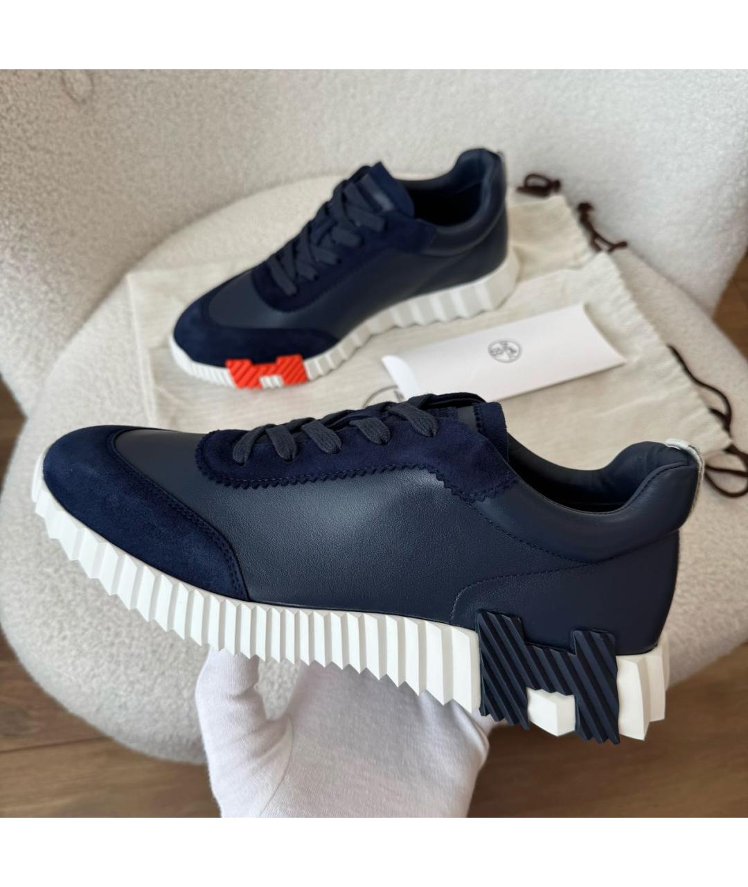 HERMES Темно-синие кожаные низкие кроссовки / кеды, фото 2