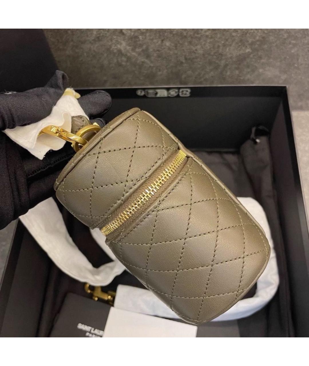 SAINT LAURENT Хаки кожаная сумка с короткими ручками, фото 5