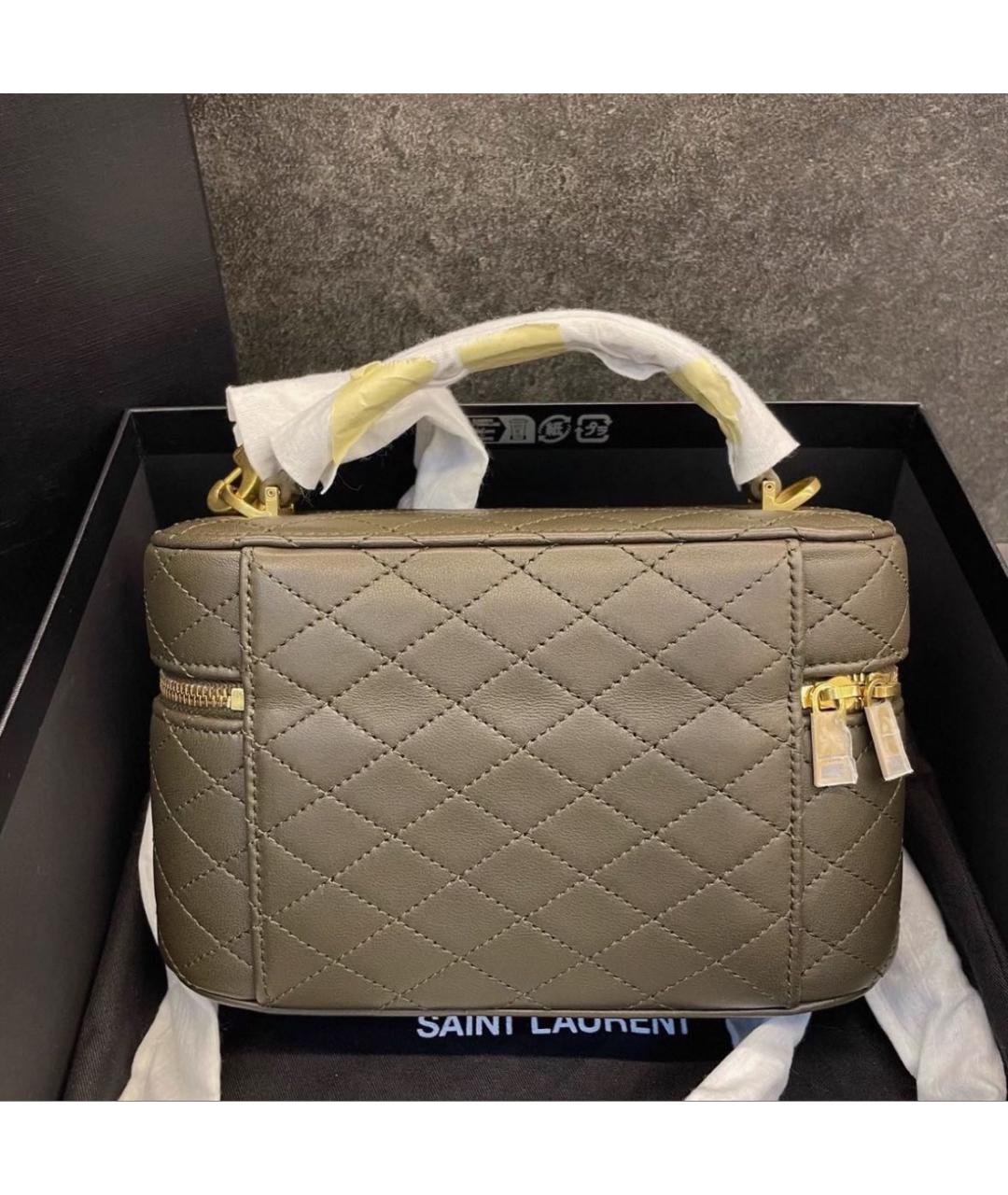 SAINT LAURENT Хаки кожаная сумка с короткими ручками, фото 3