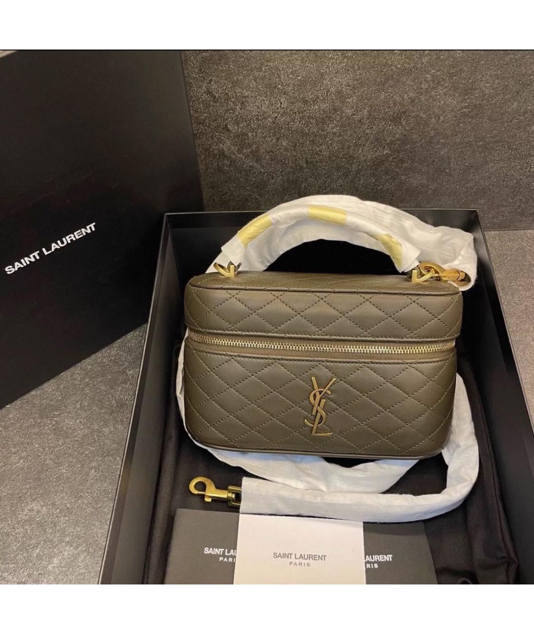 SAINT LAURENT Хаки кожаная сумка с короткими ручками, фото 4