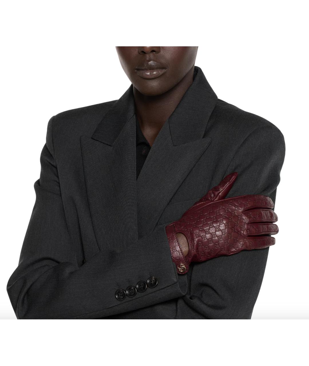 GUCCI Бордовые кожаные перчатки, фото 2