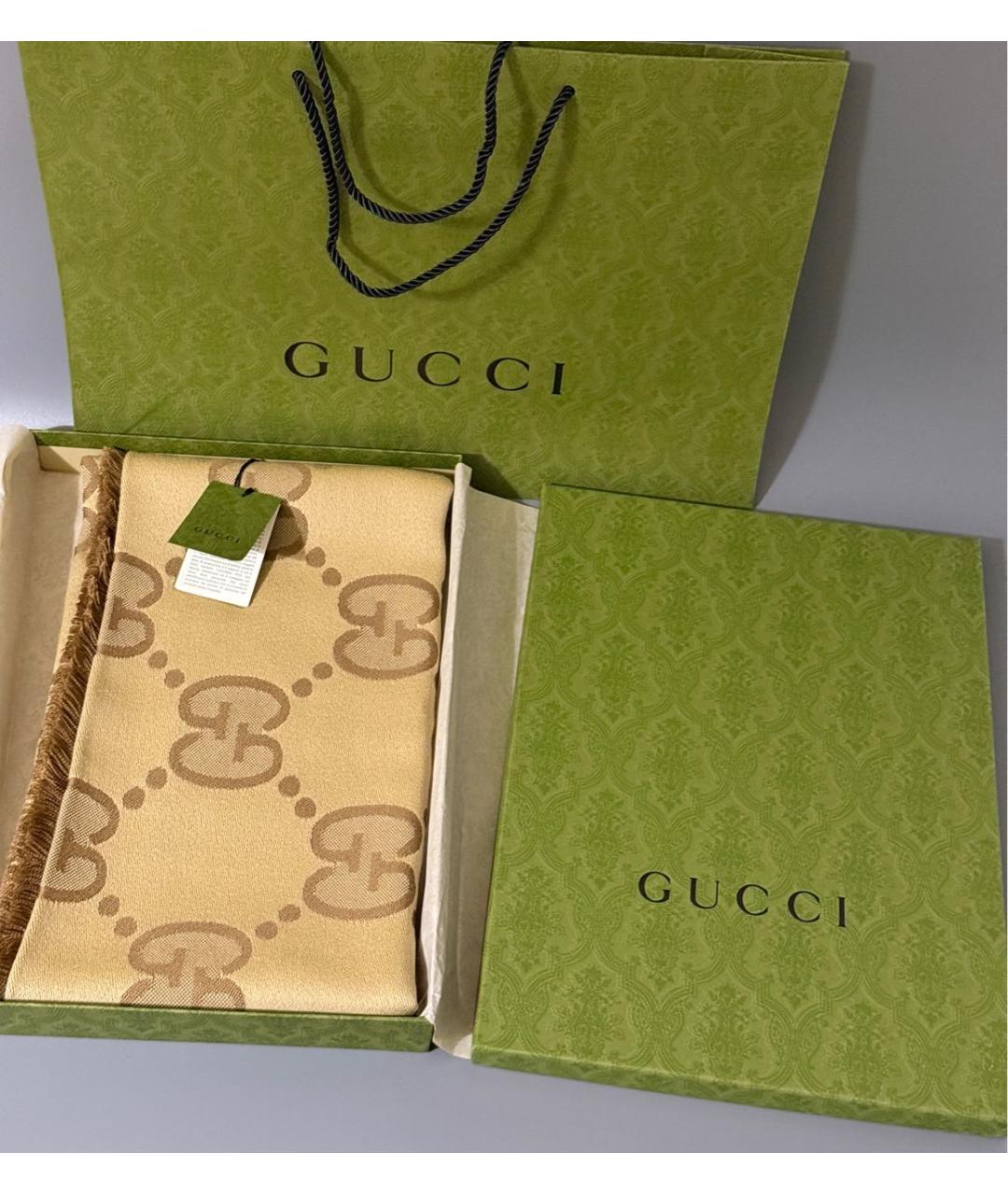 GUCCI Коричневый шерстяной шарф, фото 2