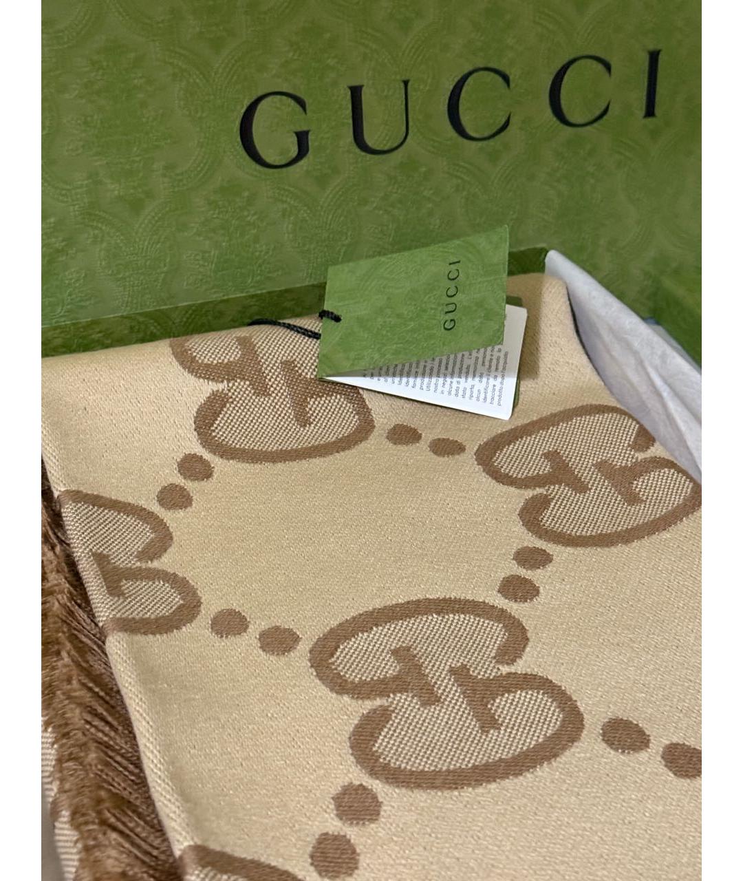 GUCCI Коричневый шерстяной шарф, фото 4