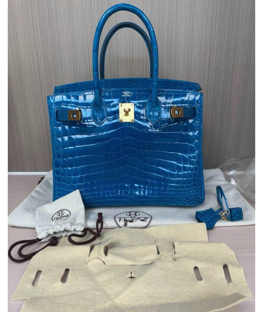 HERMES Голубая кожаная сумка с короткими ручками, фото 6