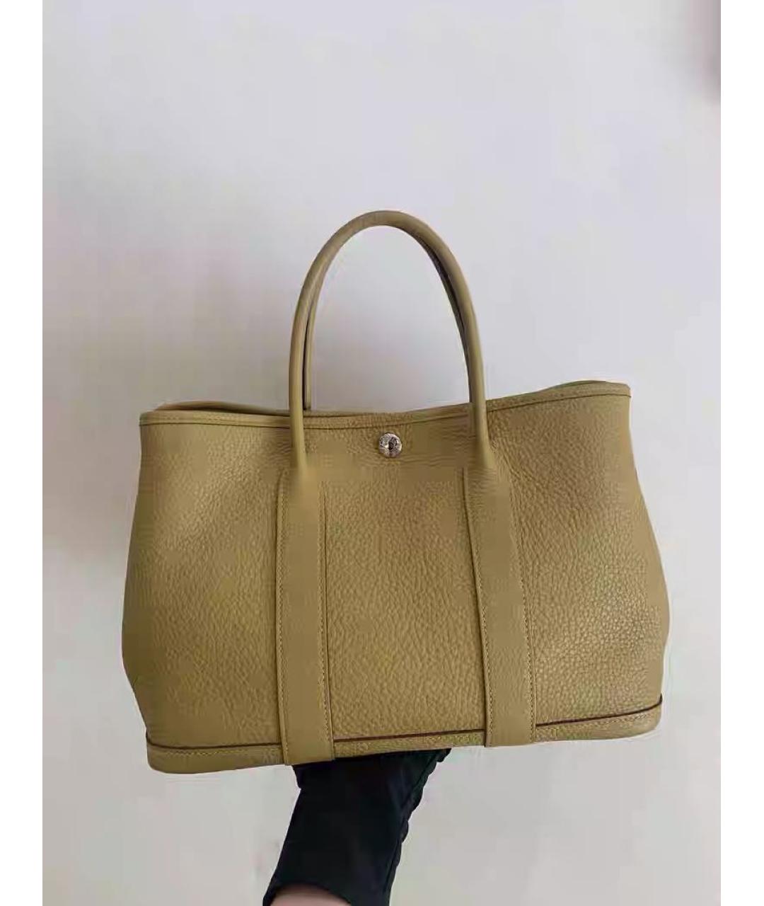 HERMES Хаки кожаная сумка с короткими ручками, фото 5