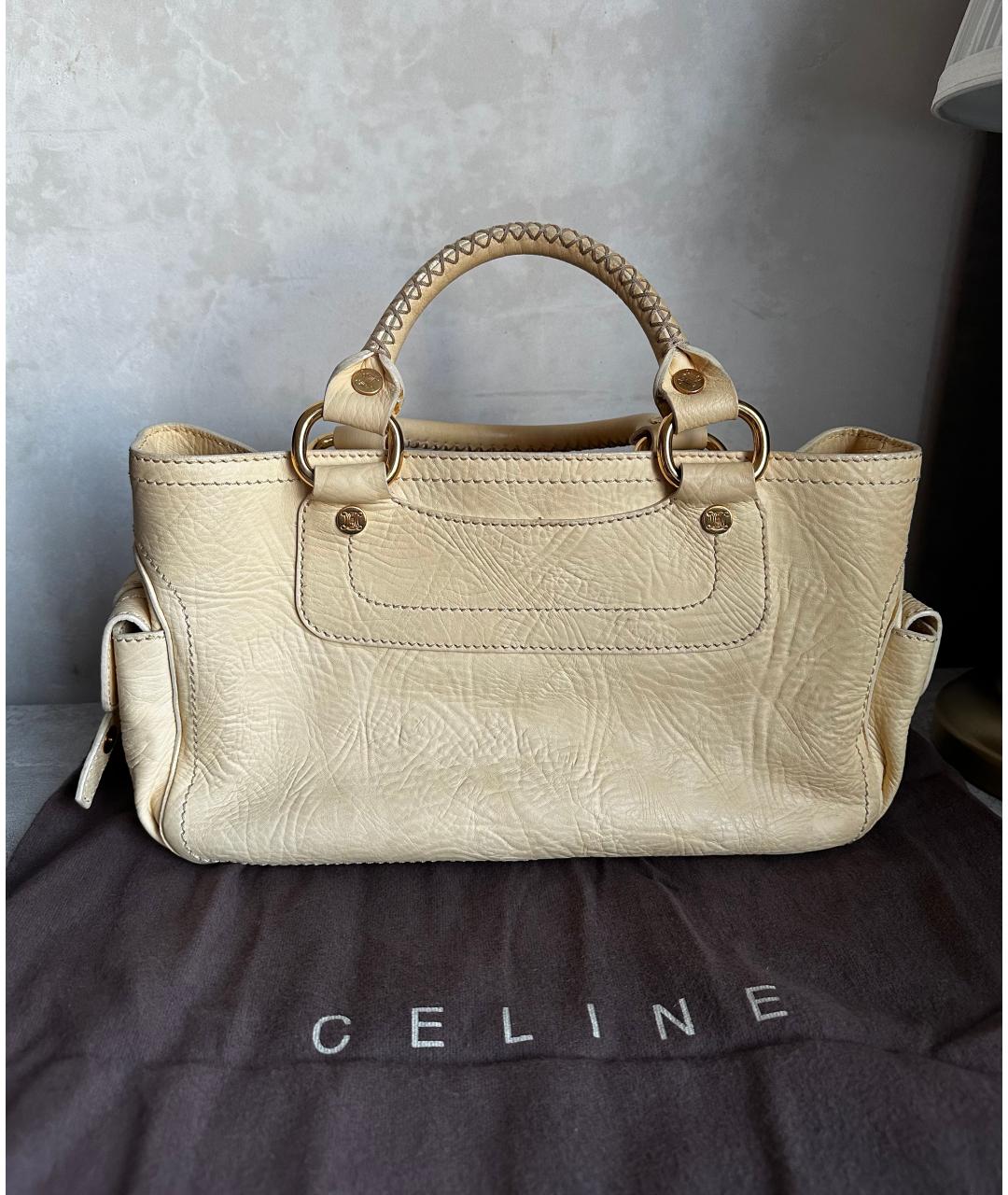 CELINE Бежевая кожаная сумка с короткими ручками, фото 2