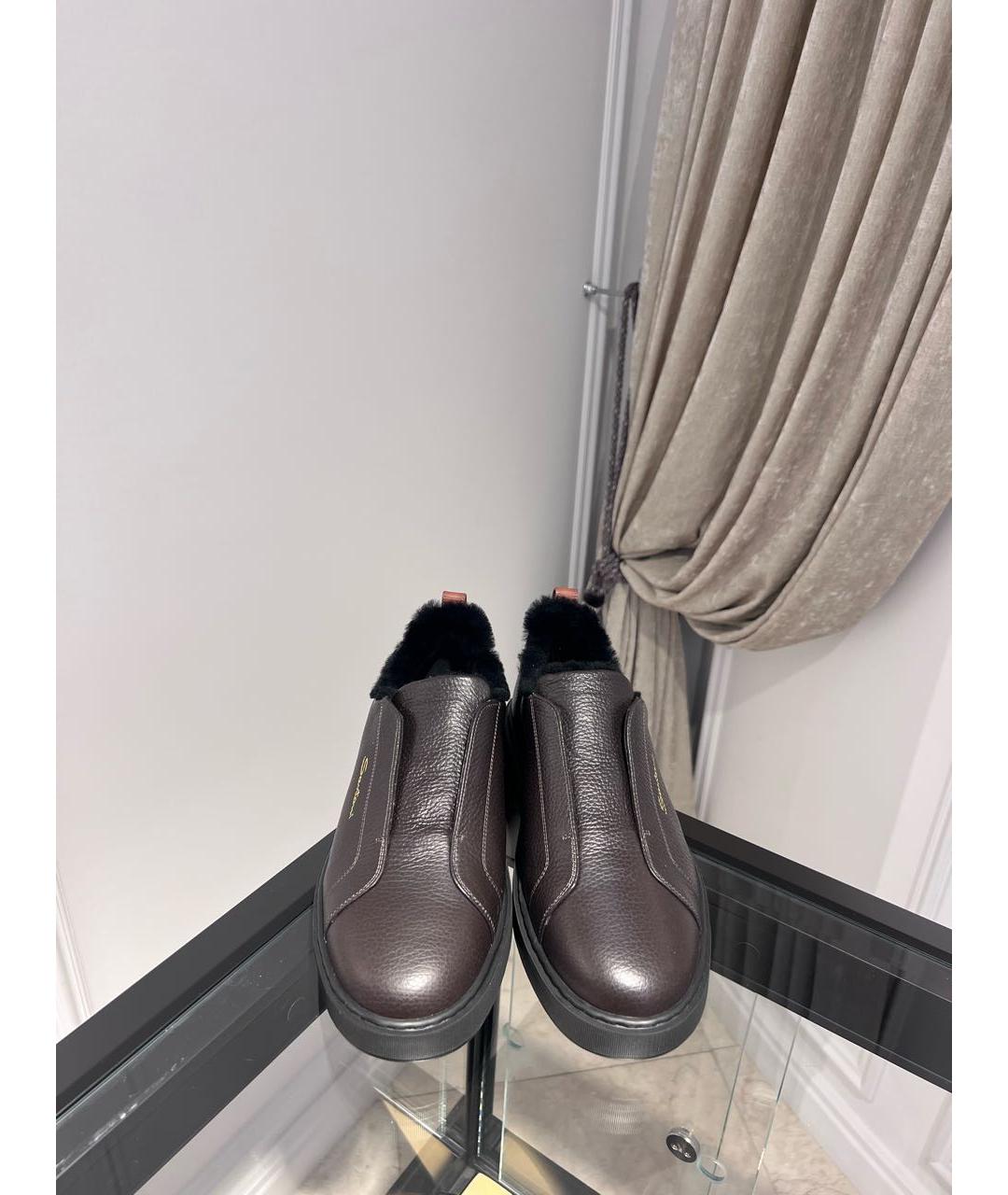 SANTONI Коричневые кожаные низкие кроссовки / кеды, фото 2