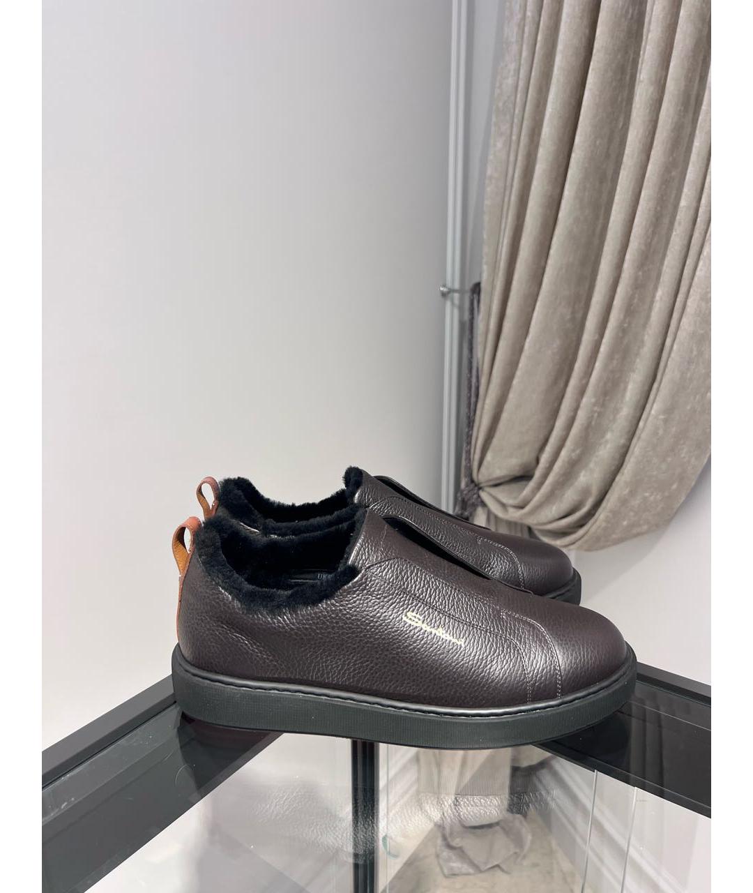 SANTONI Коричневые кожаные низкие кроссовки / кеды, фото 3