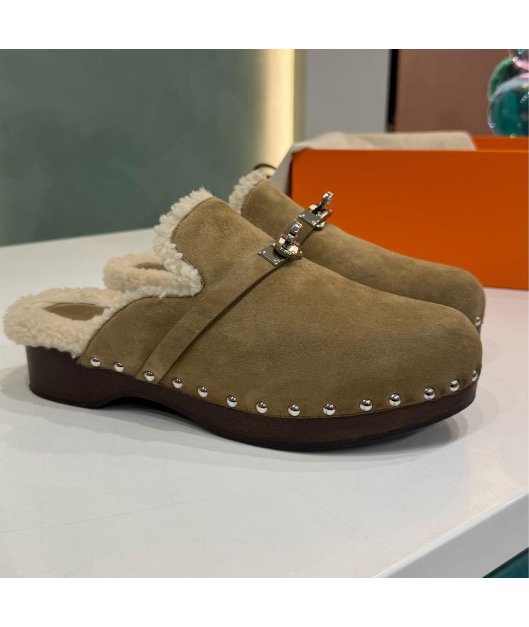 HERMES Хаки замшевые сабо, фото 2