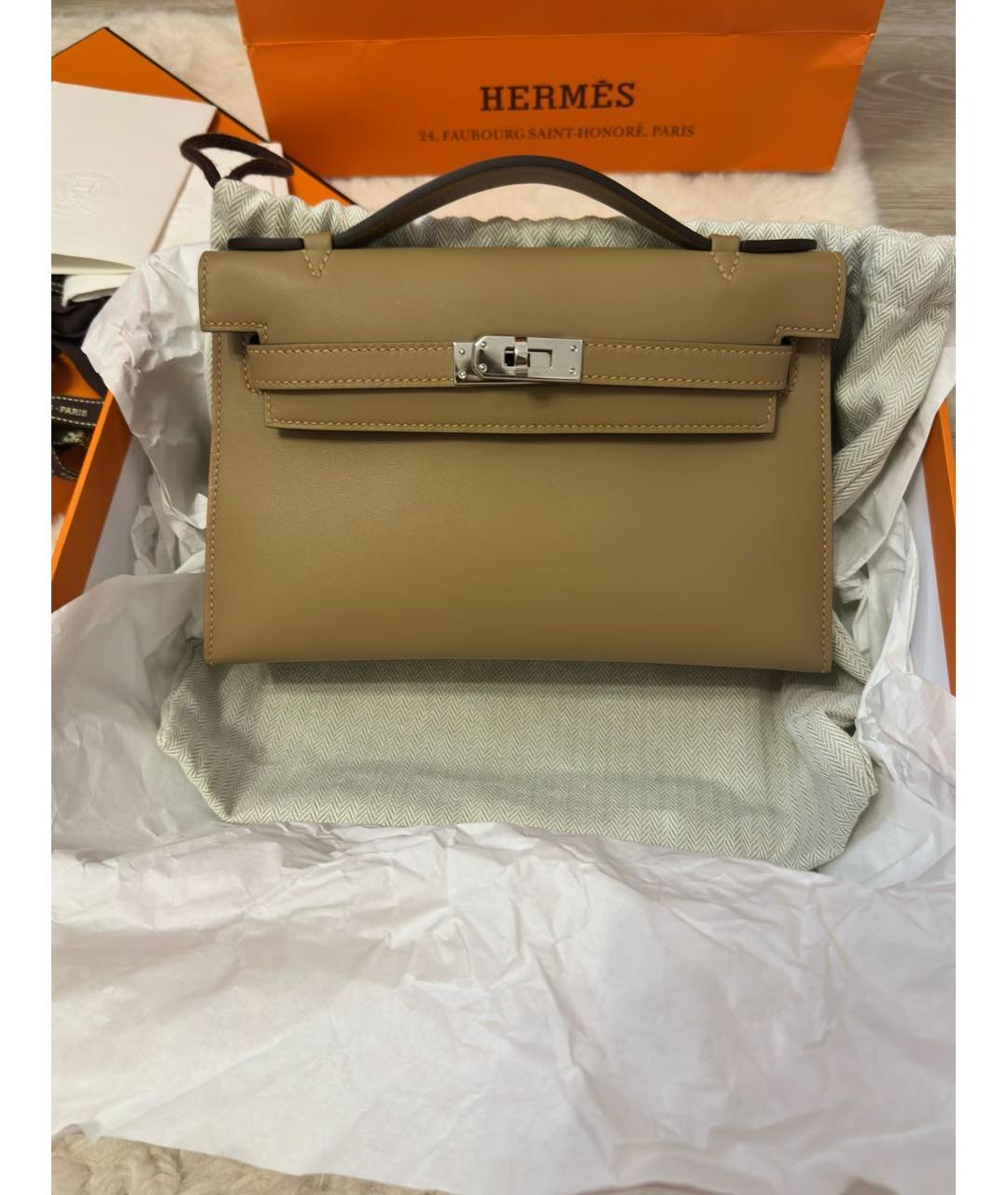 HERMES Бежевая кожаная сумка с короткими ручками, фото 5