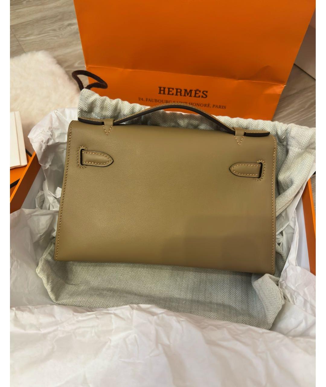 HERMES Бежевая кожаная сумка с короткими ручками, фото 3