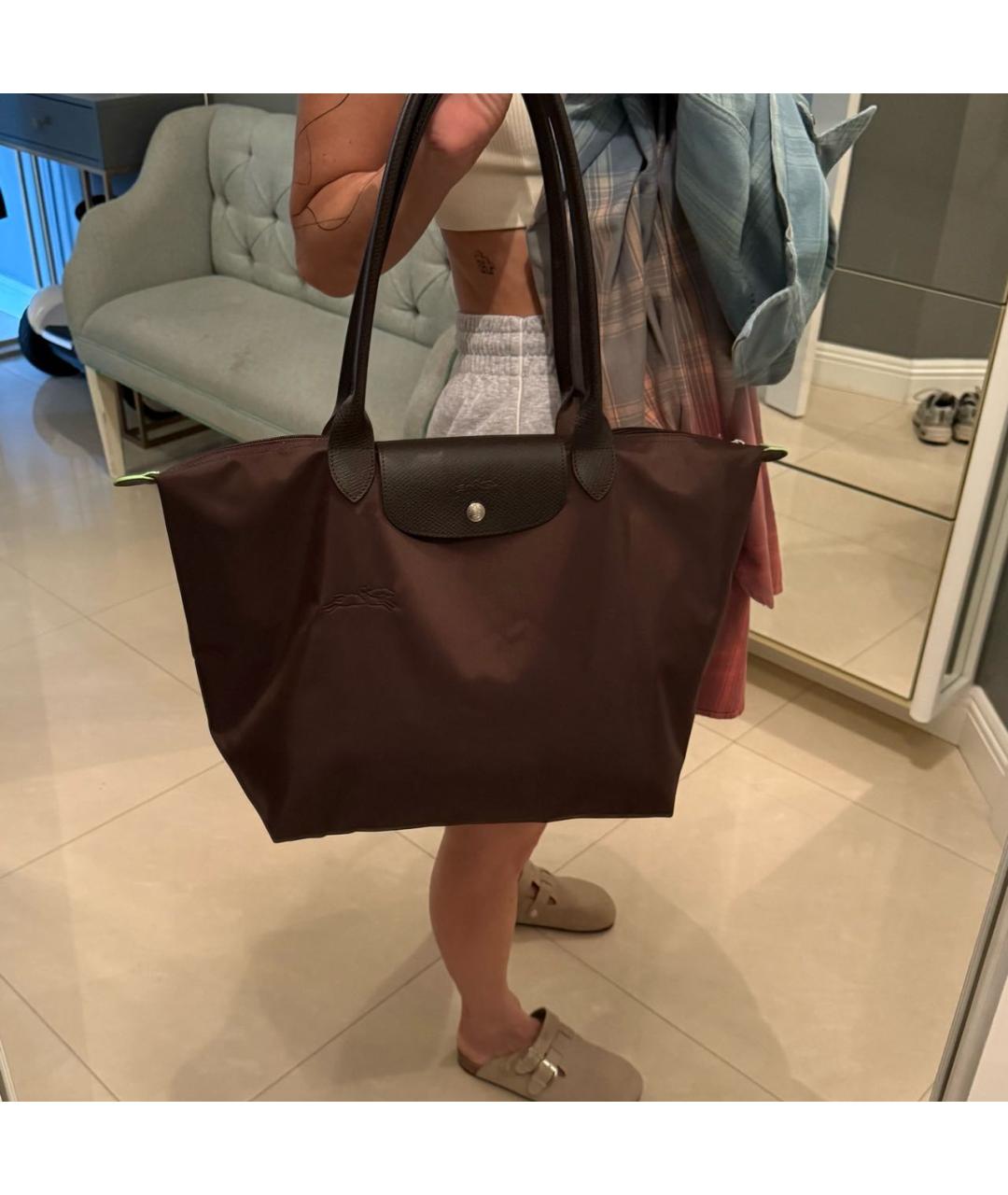 LONGCHAMP Коричневая тканевая сумка с короткими ручками, фото 5