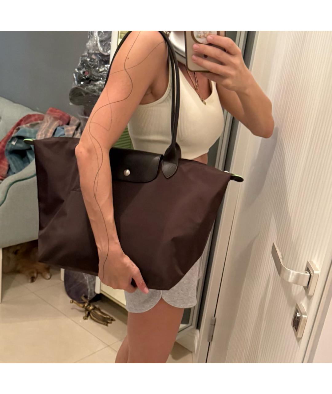 LONGCHAMP Коричневая тканевая сумка с короткими ручками, фото 6