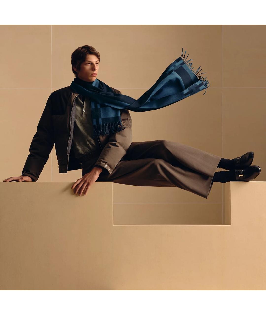 HERMES Синий кашемировый шарф, фото 2