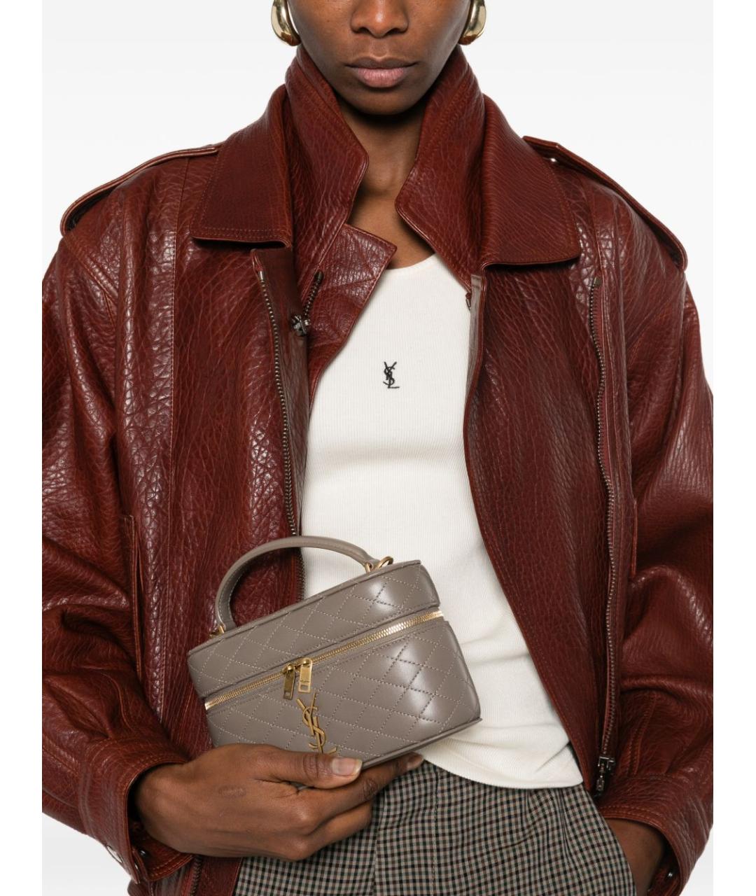 SAINT LAURENT Серая кожаная сумка с короткими ручками, фото 2