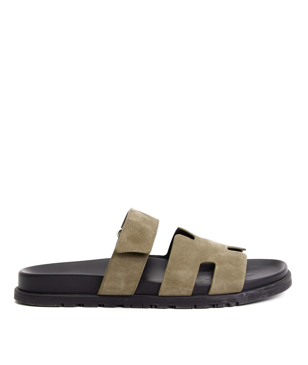 HERMES Хаки замшевые шлепанцы, фото 9