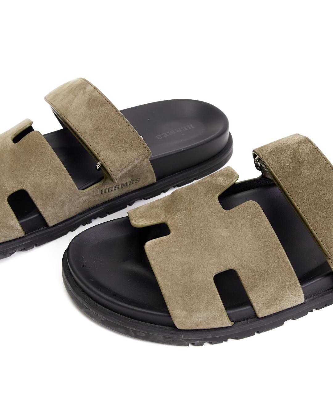 HERMES Хаки замшевые шлепанцы, фото 5