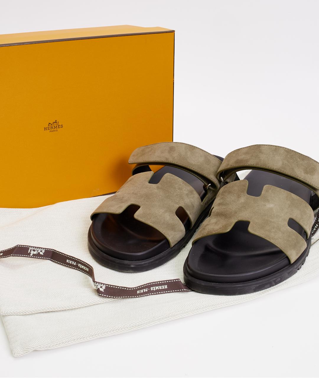 HERMES Хаки замшевые шлепанцы, фото 8