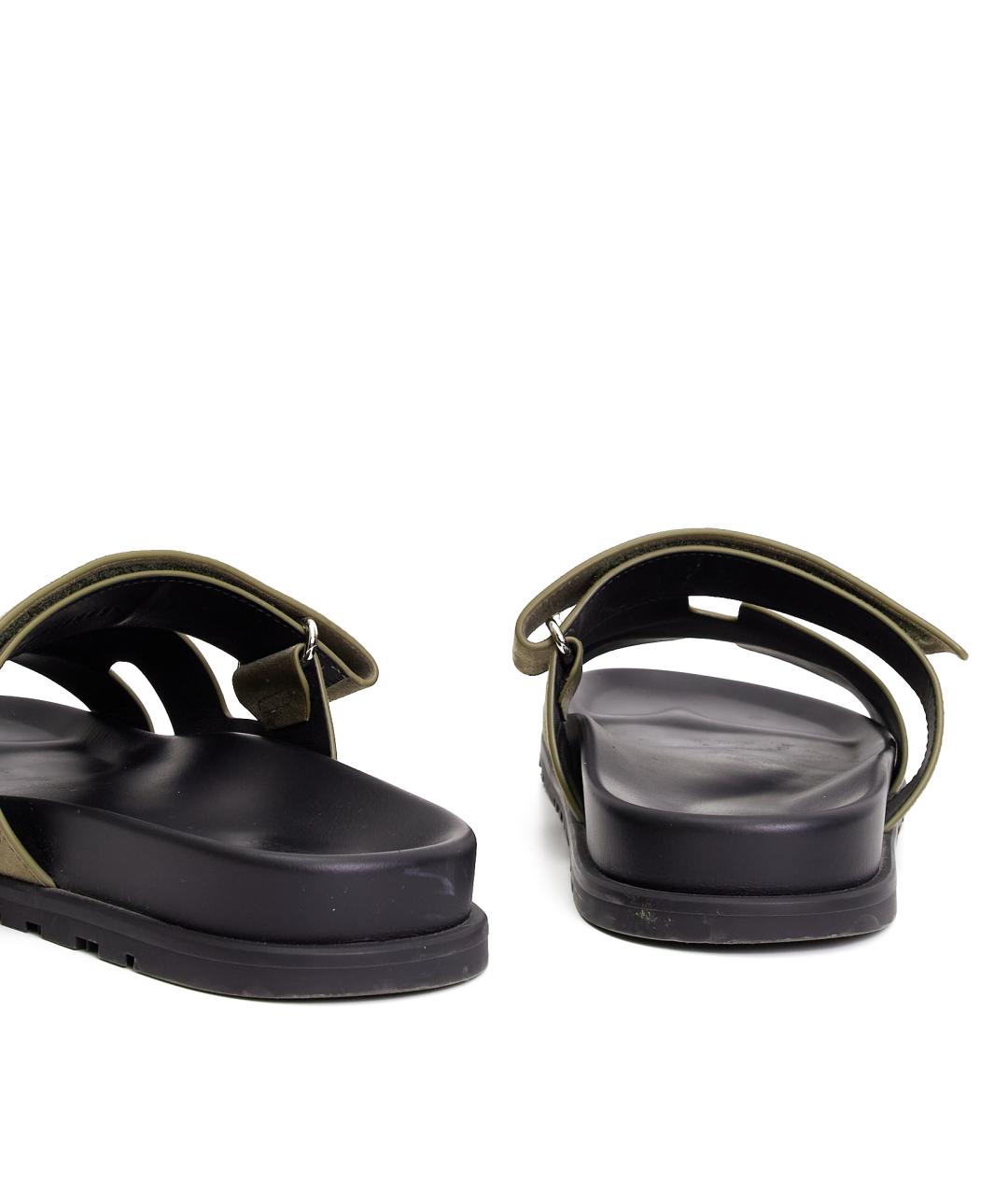 HERMES Хаки замшевые шлепанцы, фото 4