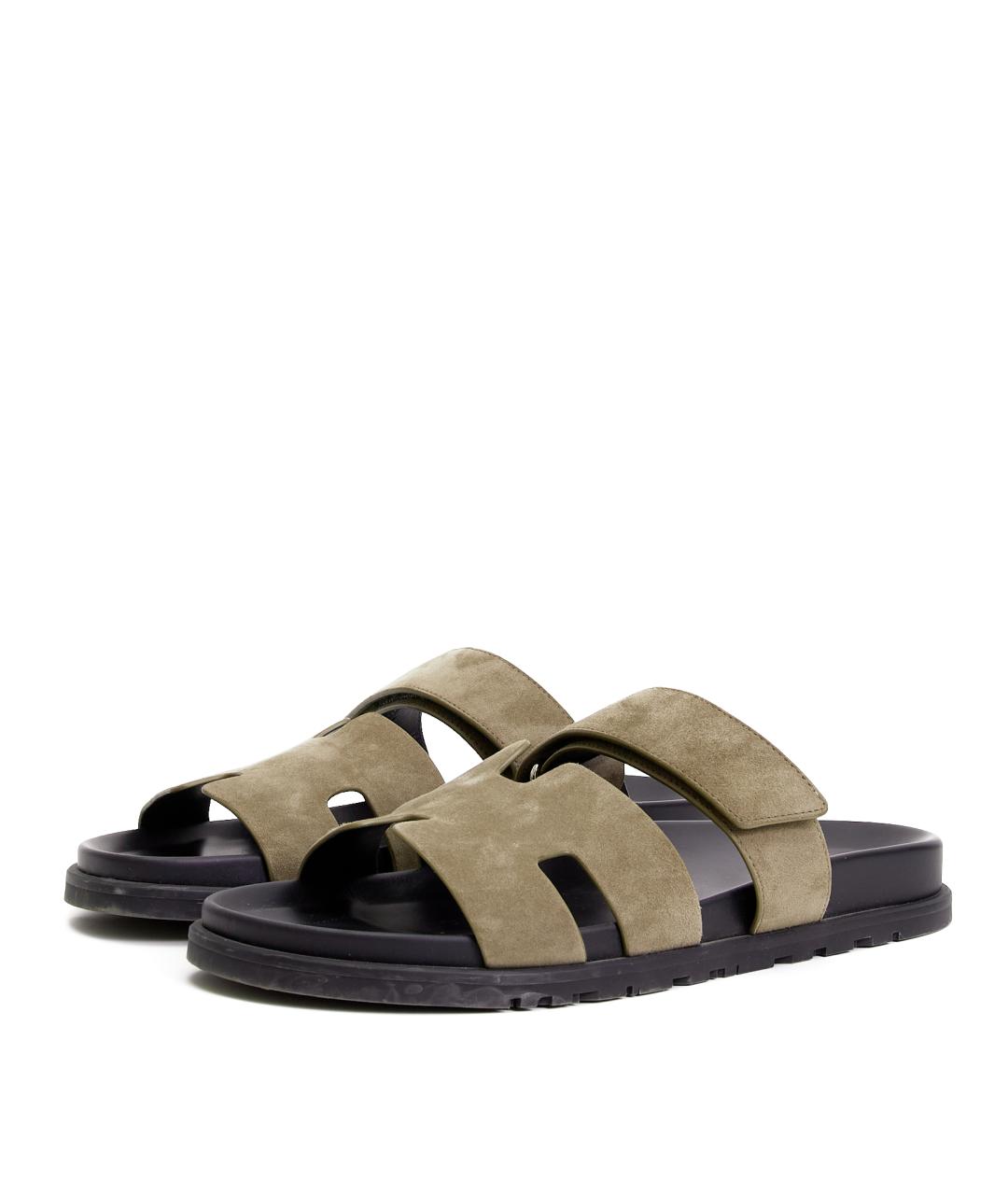 HERMES Хаки замшевые шлепанцы, фото 2