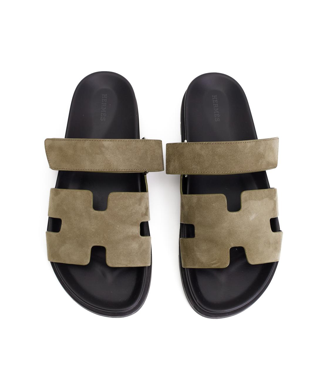 HERMES Хаки замшевые шлепанцы, фото 6