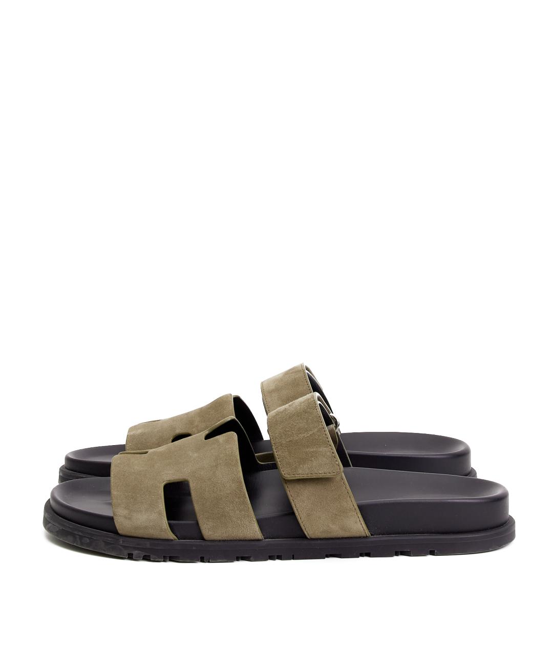 HERMES Хаки замшевые шлепанцы, фото 3