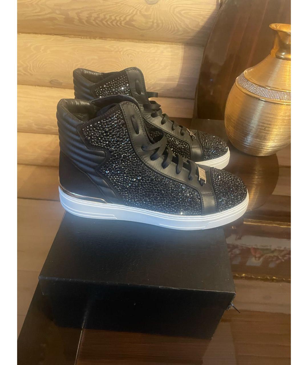 PHILIPP PLEIN Черные кожаные высокие кроссовки / кеды, фото 4