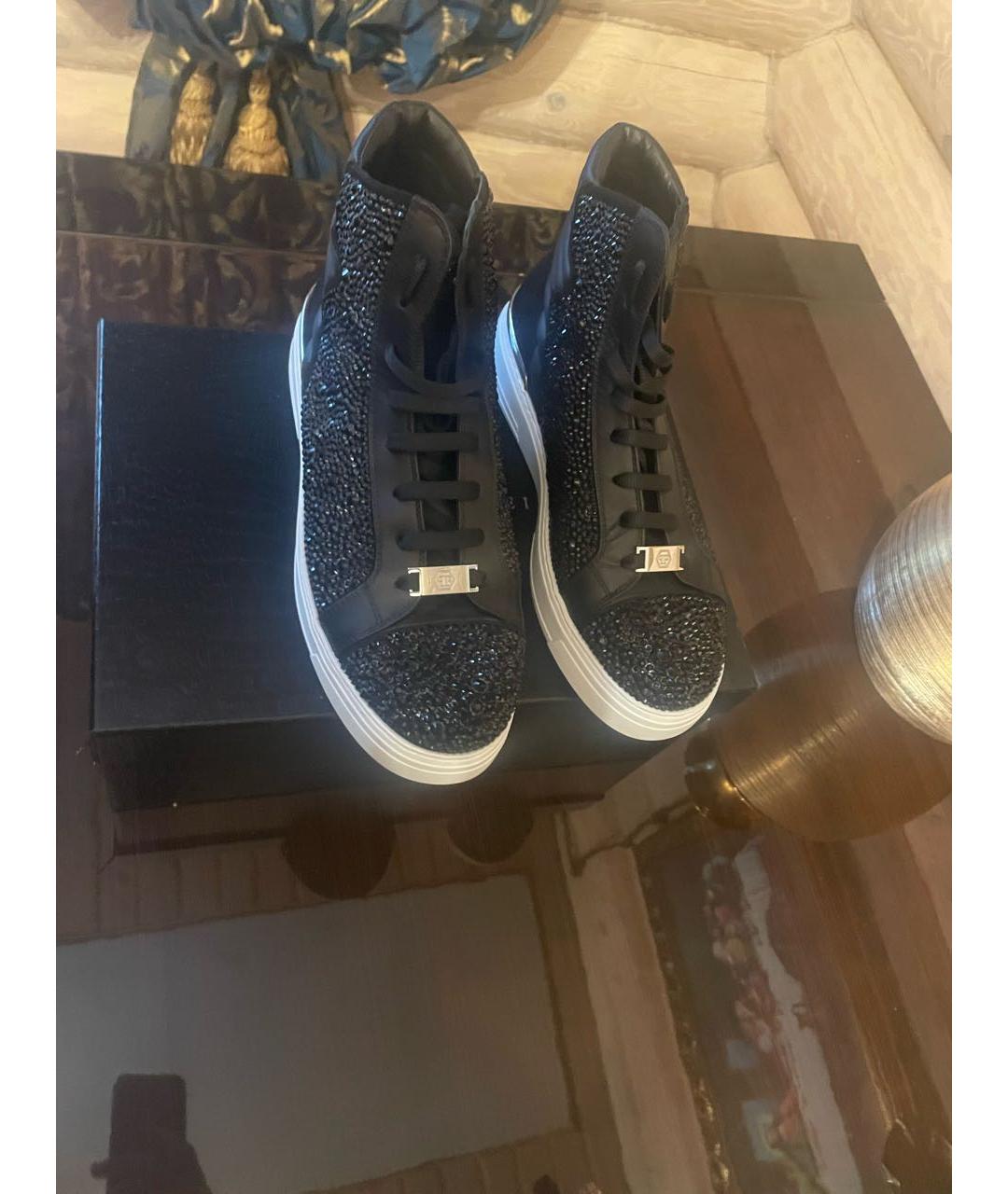 PHILIPP PLEIN Черные кожаные высокие кроссовки / кеды, фото 2