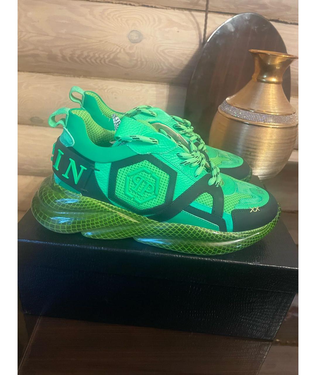 PHILIPP PLEIN Зеленые текстильные низкие кроссовки / кеды, фото 5