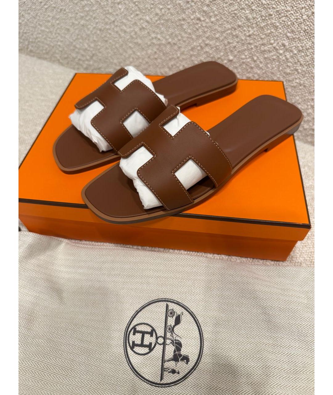 HERMES Коричневые кожаные шлепанцы, фото 4