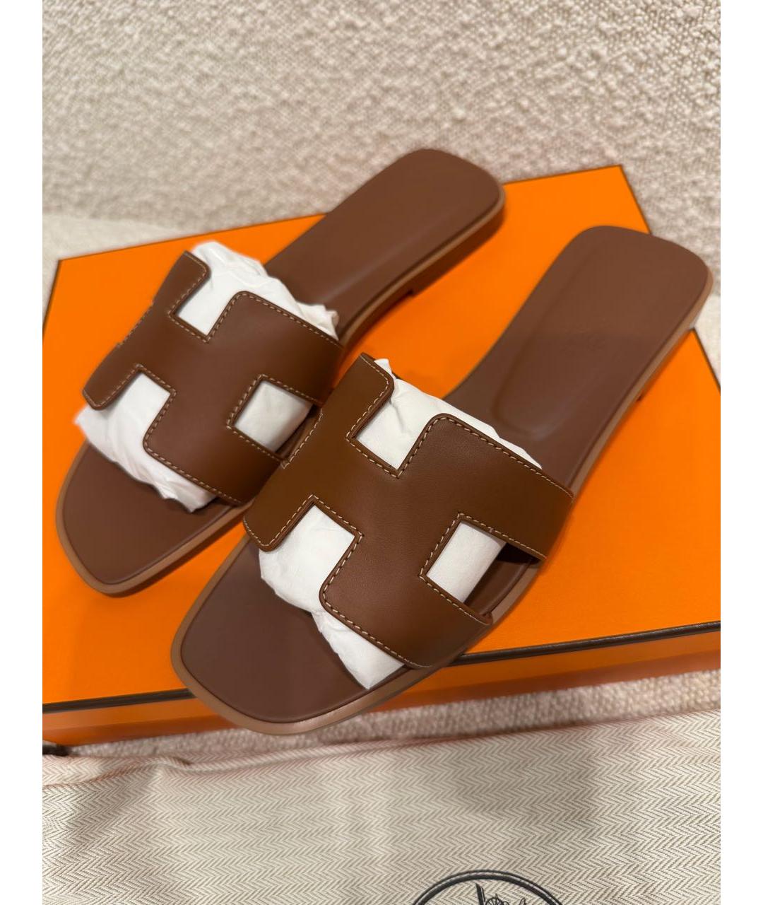 HERMES Коричневые кожаные шлепанцы, фото 2