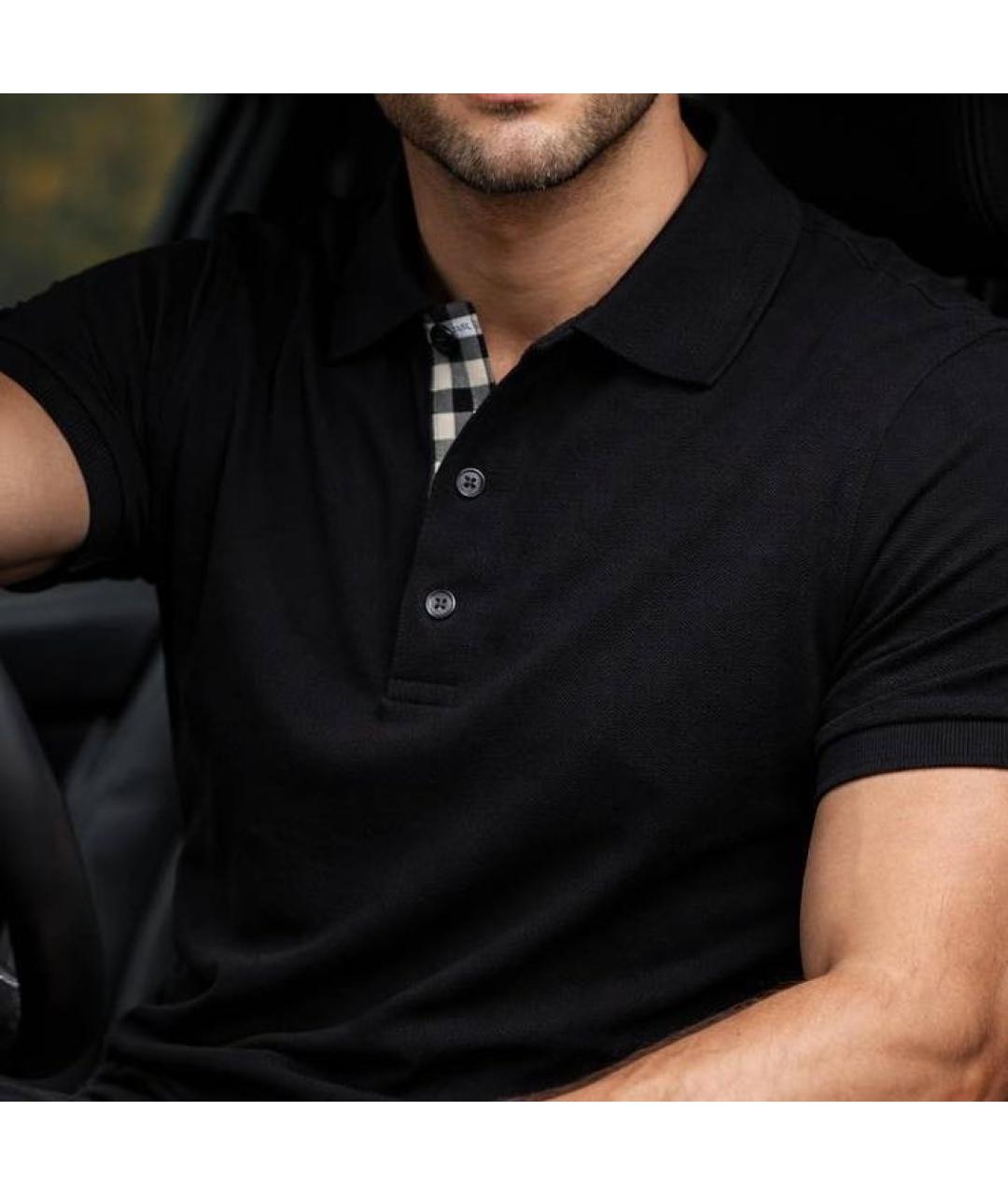 BURBERRY Черное хлопковое поло с коротким рукавом, фото 4