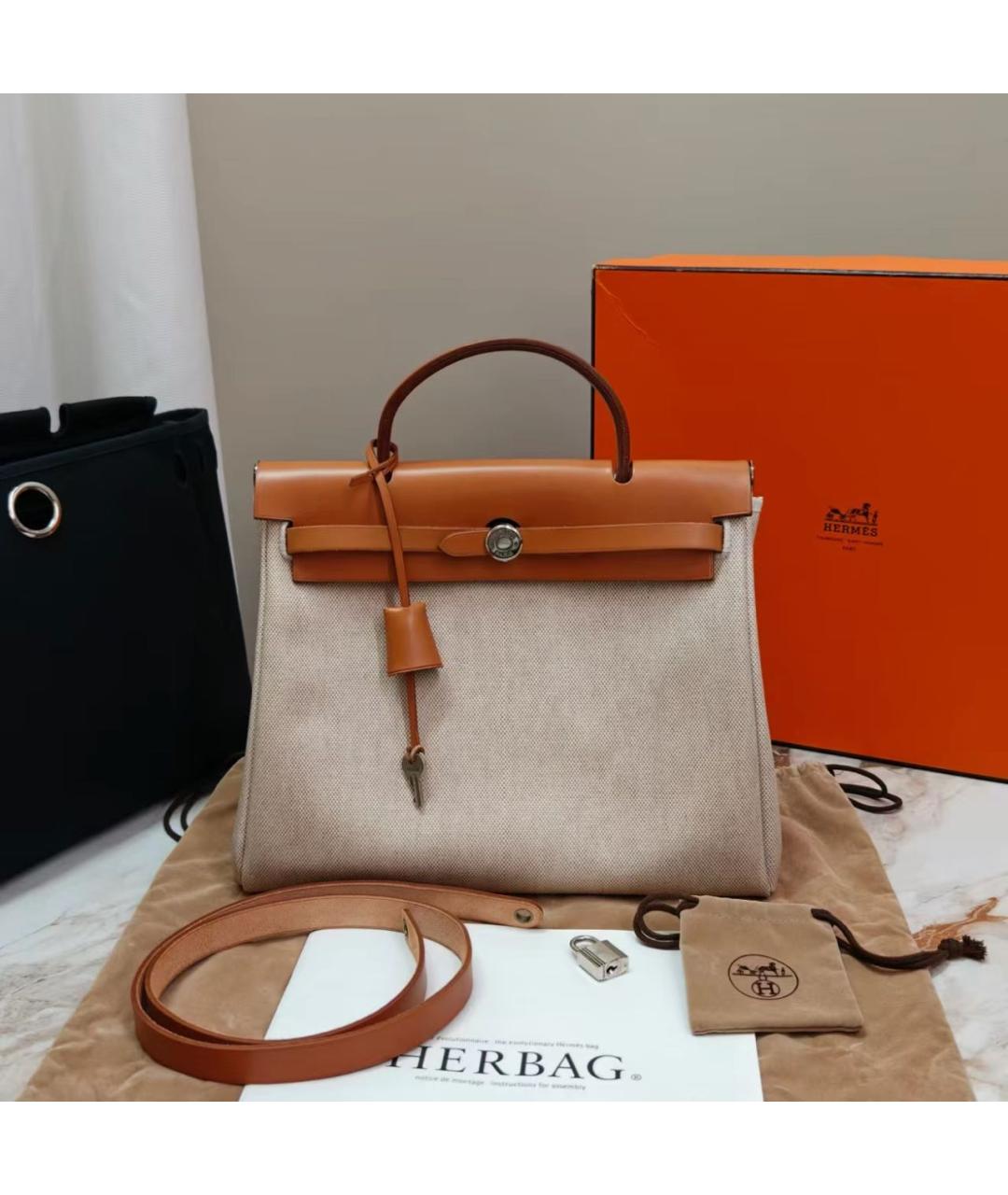 HERMES Бежевая тканевая сумка с короткими ручками, фото 7