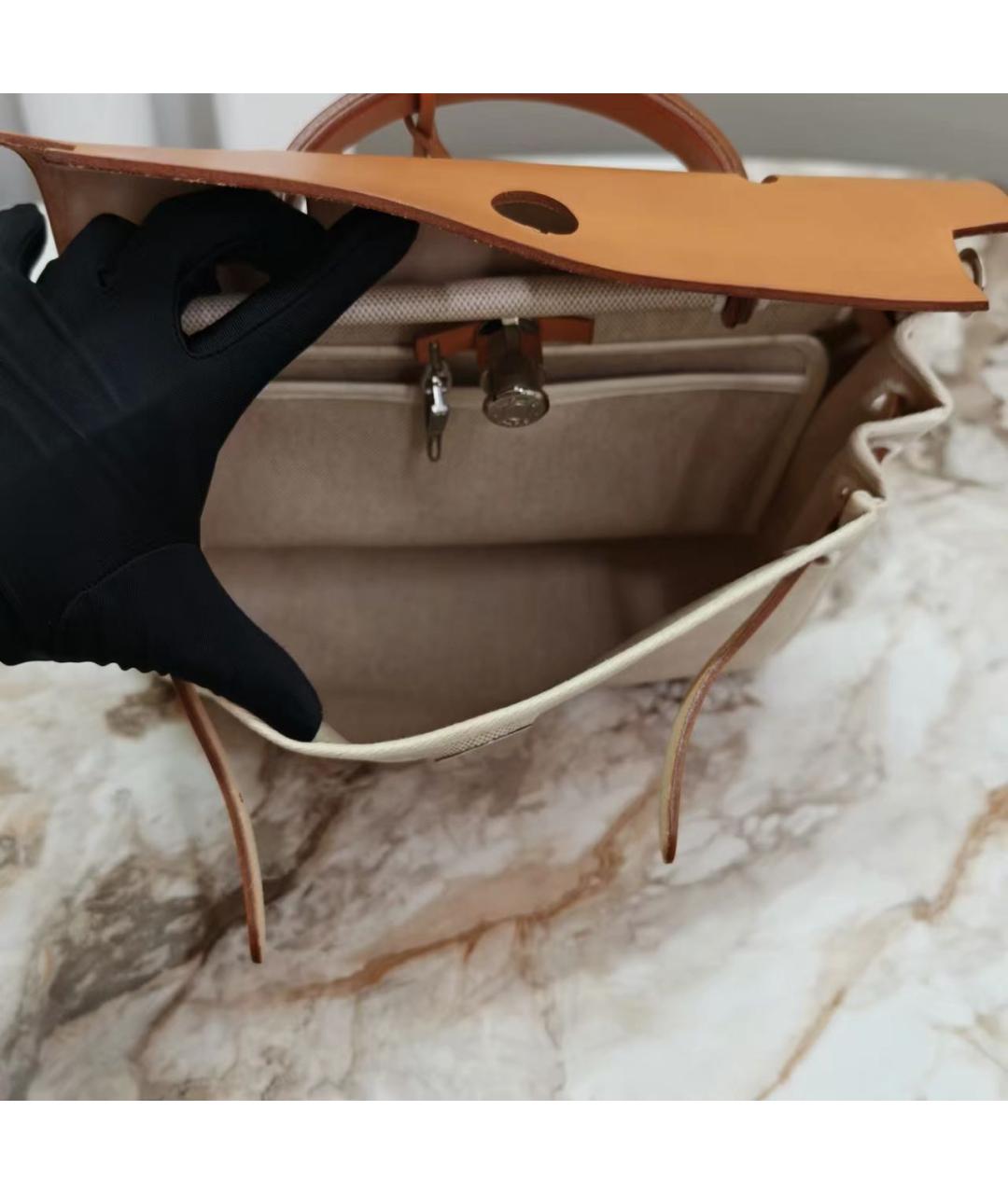 HERMES Бежевая тканевая сумка с короткими ручками, фото 5