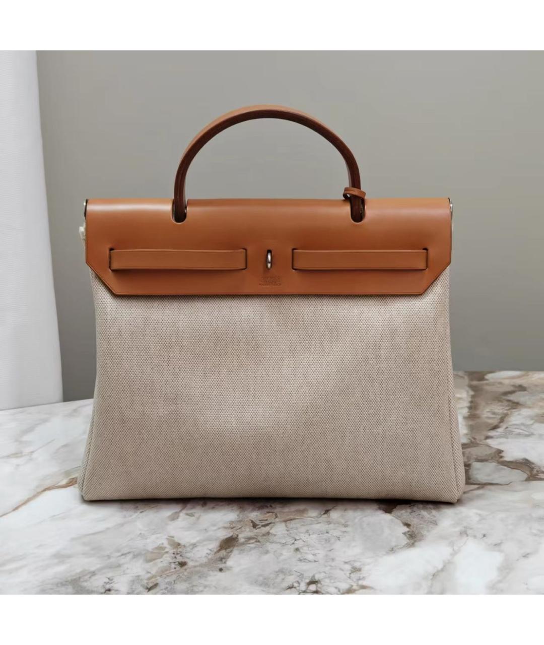 HERMES Бежевая тканевая сумка с короткими ручками, фото 3