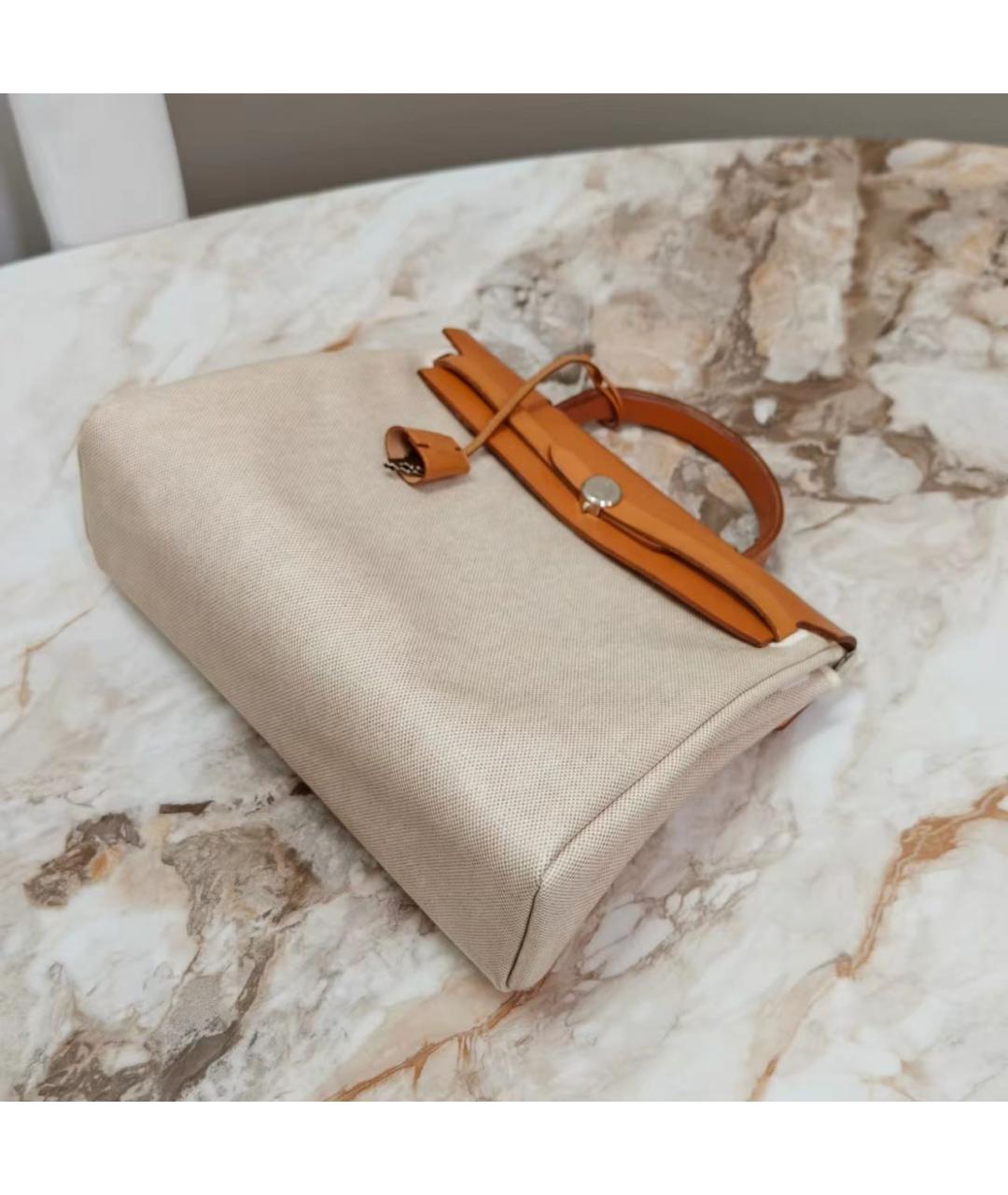 HERMES Бежевая тканевая сумка с короткими ручками, фото 4
